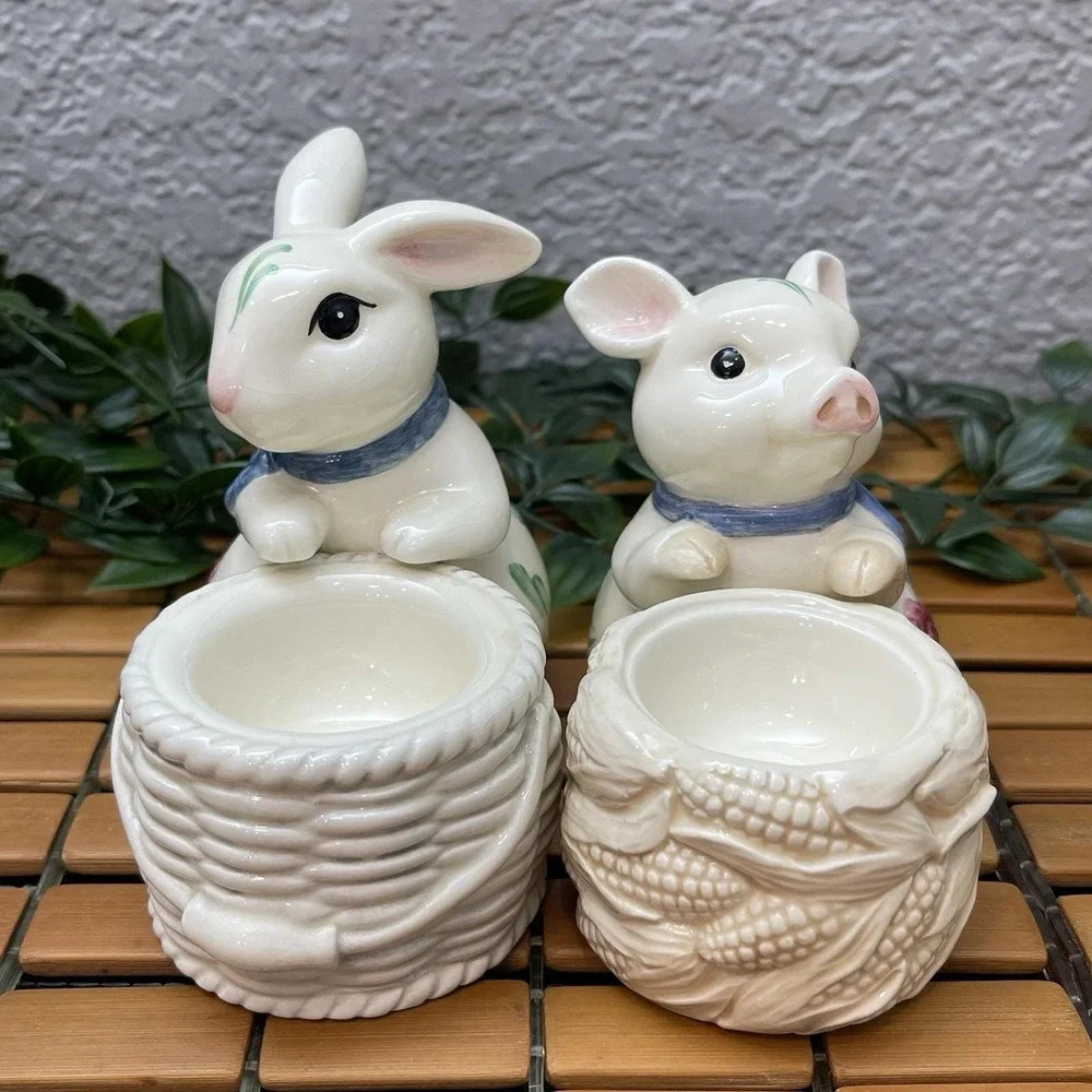 Vintage Lenox Poppies on Blue Barnyard Bunny Rabbit & Pig Votive Candle Holders